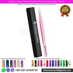 Straight Isolation Diamond Grip Pink Powder Coated Eyelash Tweezers