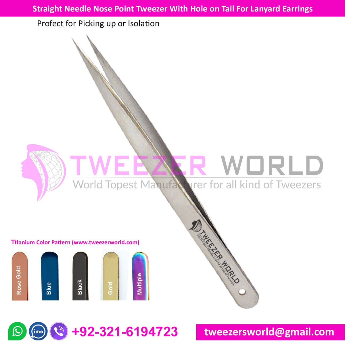 Eyelash Straight Needle Nose Point Tweezer With Hole on Tail