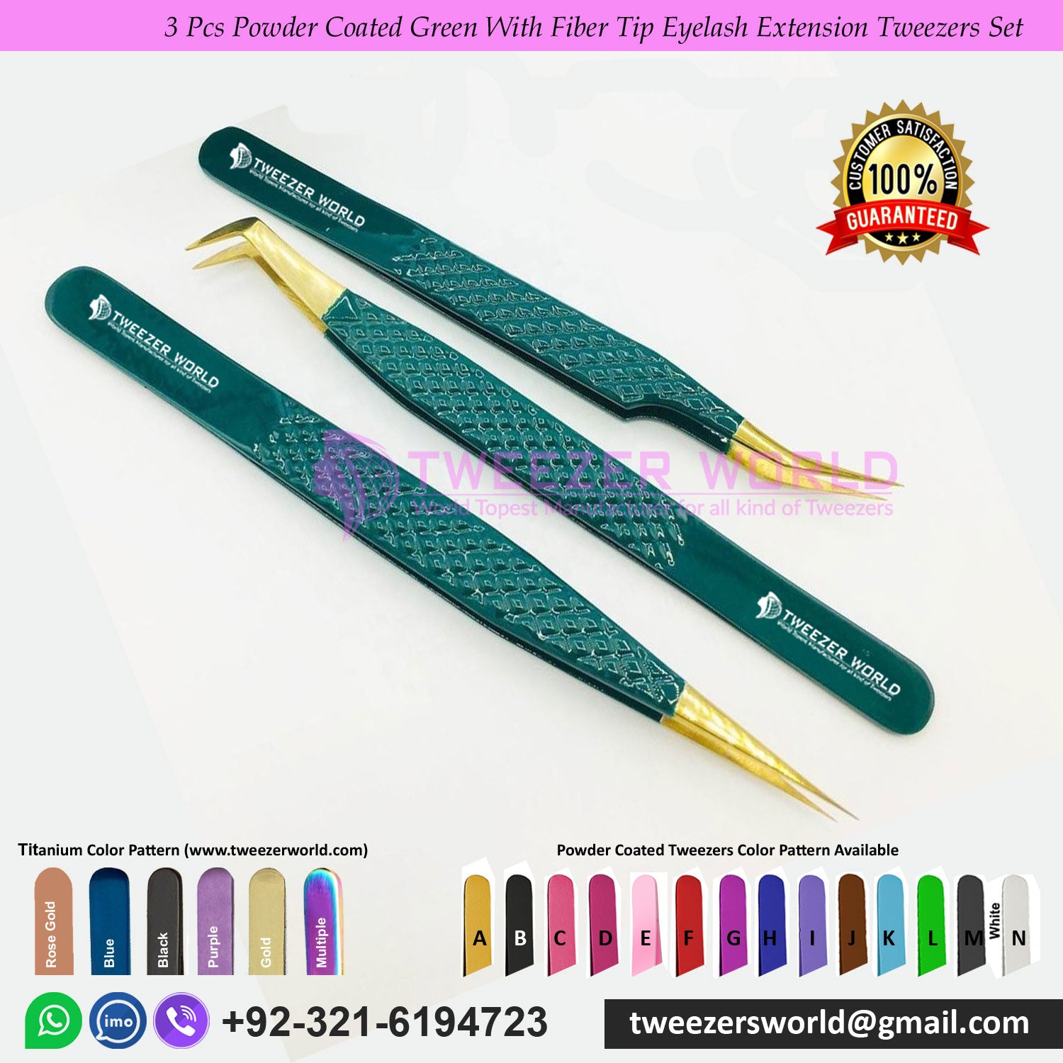 3 Pcs Powder Coated Green With Fiber Tip Eyelash Extension Tweezers Set