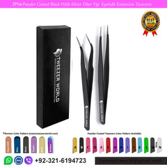 2 Pcs Powder Coated Black With Silver Fiber Tip Eyelash Extension Tweezers Set