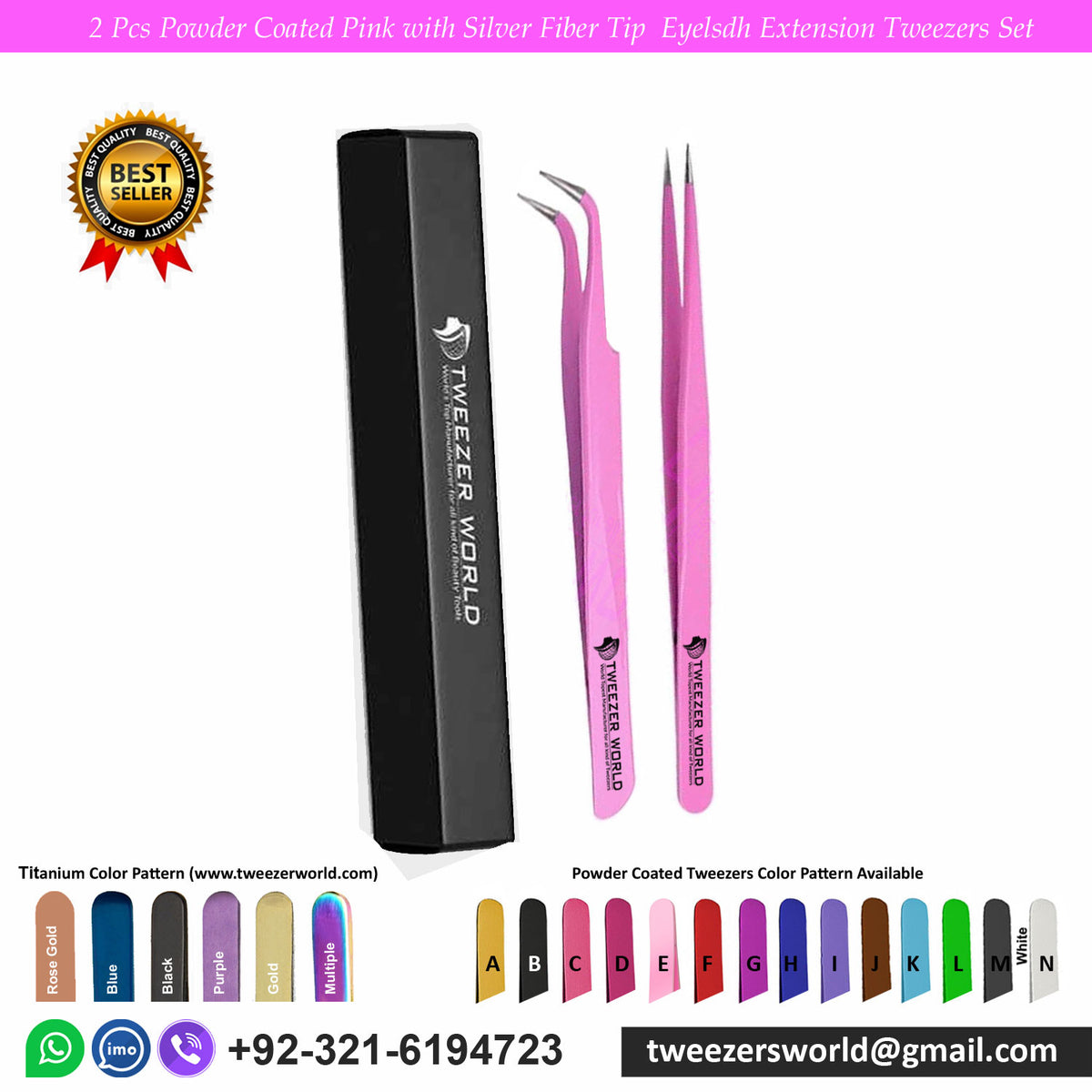 2 Pcs Powder Coated Pink with Silver Fiber Tip Eyelash Extension Tweezers Set