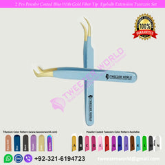 2 Pcs Powder Coated Blue With Gold Fiber Tip Eyelash Extension Tweezers Set for Professionals