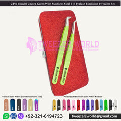 2 Pcs Powder Coated Green With Stainless Steel Tip Eyelash Extension Tweezers Set