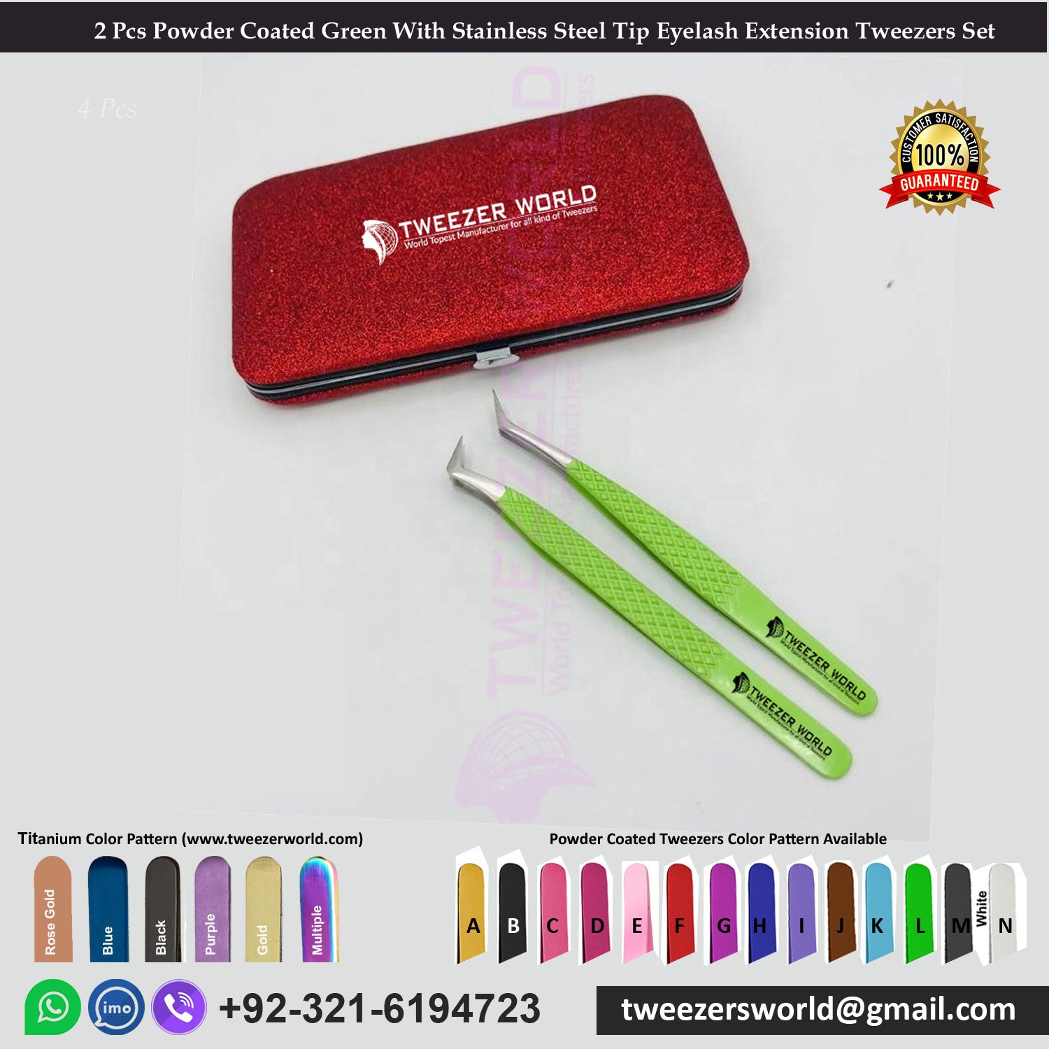 2 Pcs Powder Coated Green With Stainless Steel Tip Eyelash Extension Tweezers Set