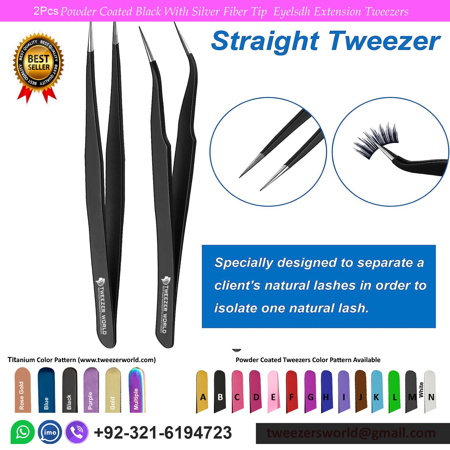 2 Pcs Powder Coated Black With Silver Fiber Tip Eyelash Extension Tweezers Set