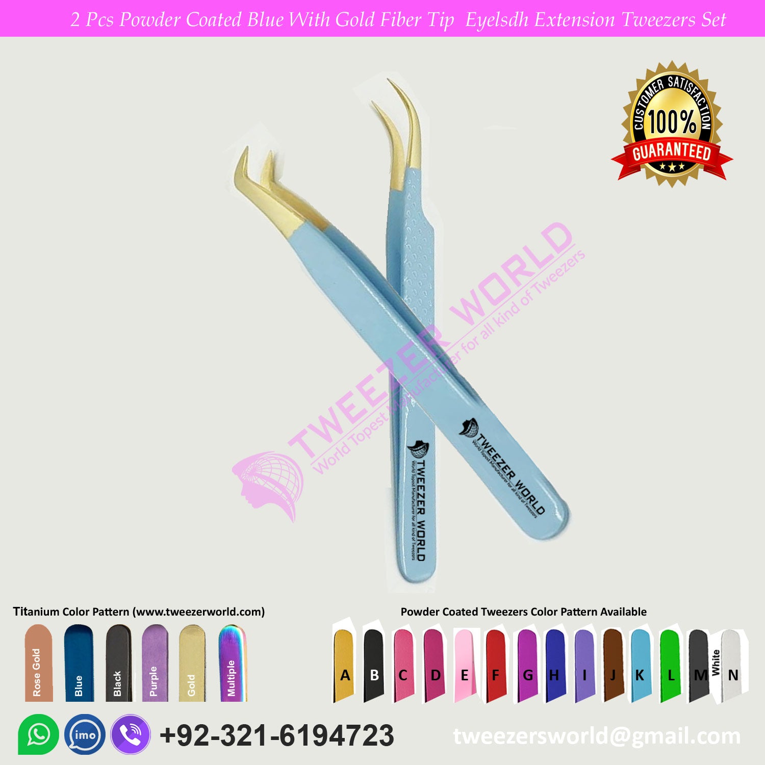 2 Pcs Powder Coated Blue With Gold Fiber Tip Eyelash Extension Tweezers Set for Professionals