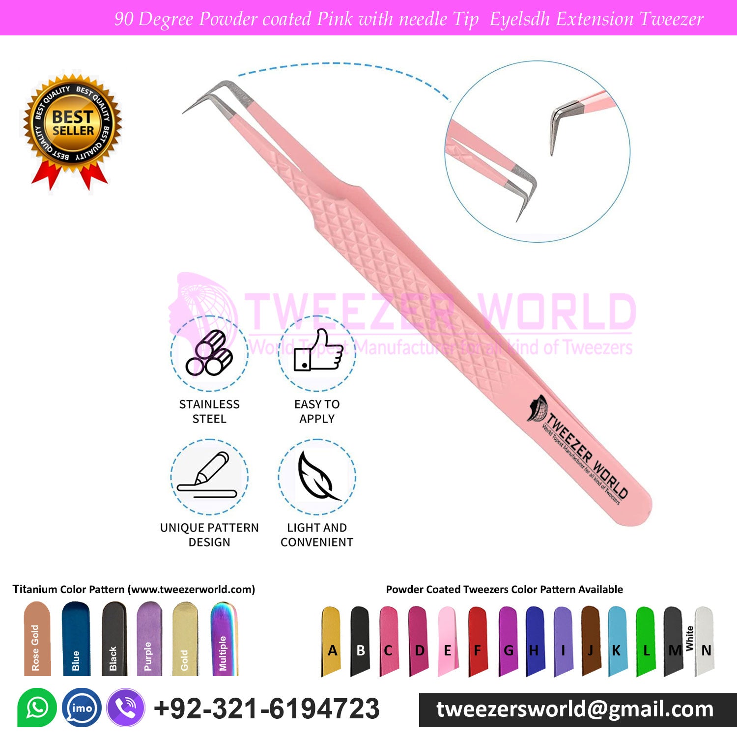 90 Degree Tweezers Powder Coated Pink For Eyelash Extension