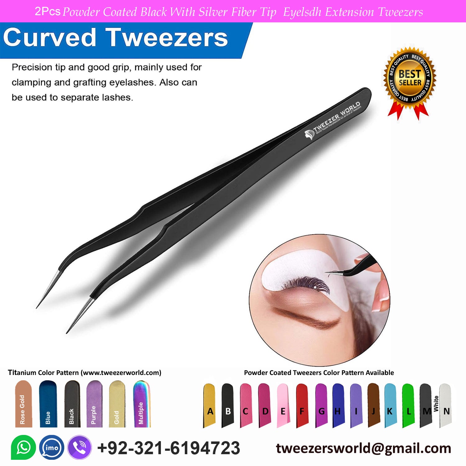 2 Pcs Powder Coated Black With Silver Fiber Tip Eyelash Extension Tweezers Set