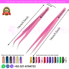 2 Pcs Powder Coated Pink with Silver Fiber Tip Eyelash Extension Tweezers Set