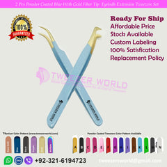 2 Pcs Powder Coated Blue With Gold Fiber Tip Eyelash Extension Tweezers Set for Professionals