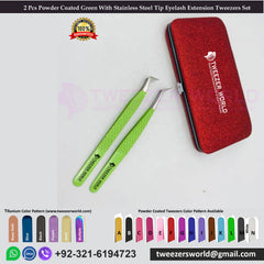 2 Pcs Powder Coated Green With Stainless Steel Tip Eyelash Extension Tweezers Set