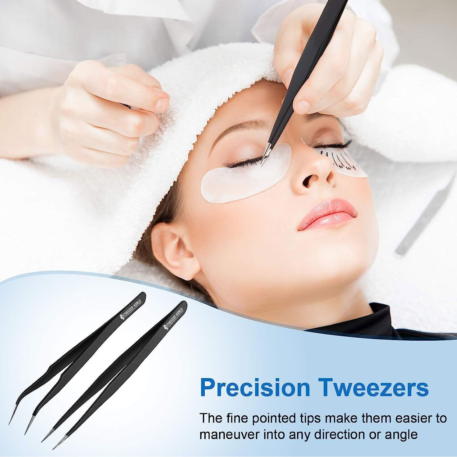 2 Pcs Powder Coated Black With Silver Fiber Tip Eyelash Extension Tweezers Set