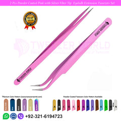 2 Pcs Powder Coated Pink with Silver Fiber Tip Eyelash Extension Tweezers Set