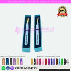 2 Pcs Powder Coated Blue With Gold Fiber Tip Eyelash Extension Tweezers Set for Professionals