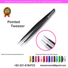 2 Pcs Powder Coated Black With Silver Fiber Tip Eyelash Extension Tweezers Set