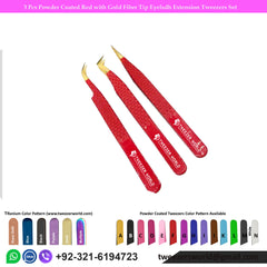 3 Pcs Powder Coated Red with Gold Fiber Tip Eyelash Extension Tweezers Set