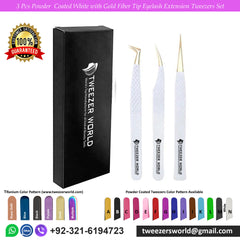 3 Pcs Powder Coated White Handle With Gold Fiber Tip Eyelash Extension Tweezers Set