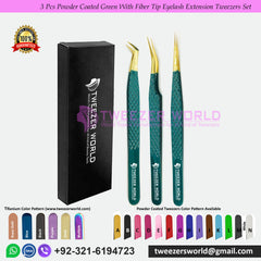 3 Pcs Powder Coated Green With Fiber Tip Eyelash Extension Tweezers Set