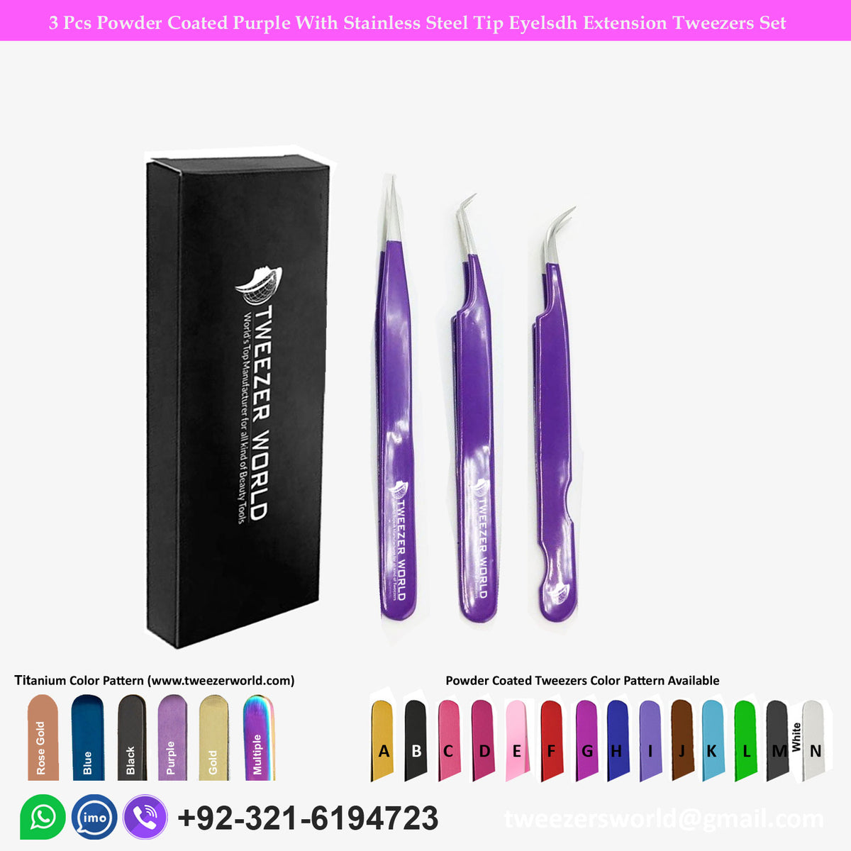 3 Pcs Powder Coated Purple With Stainless Steel Tip Eyelash Extension Tweezers Set