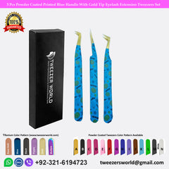 3 Pcs Powder Coated Printed Blue Handle With Gold Tip Eyelash Extension Tweezers Set