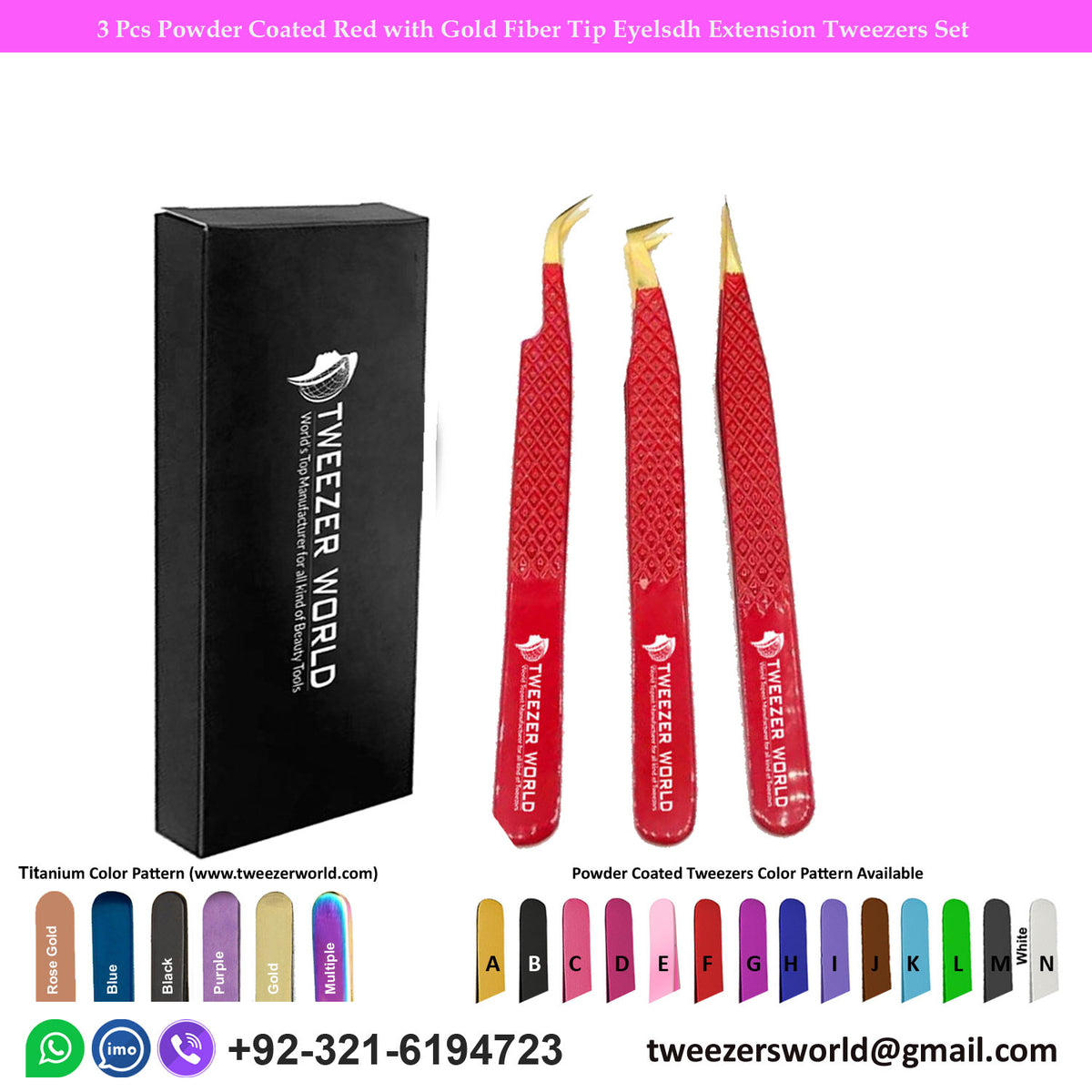 3 Pcs Powder Coated Red with Gold Fiber Tip Eyelash Extension Tweezers Set