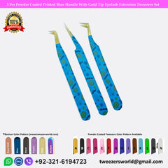 3 Pcs Powder Coated Printed Blue Handle With Gold Tip Eyelash Extension Tweezers Set