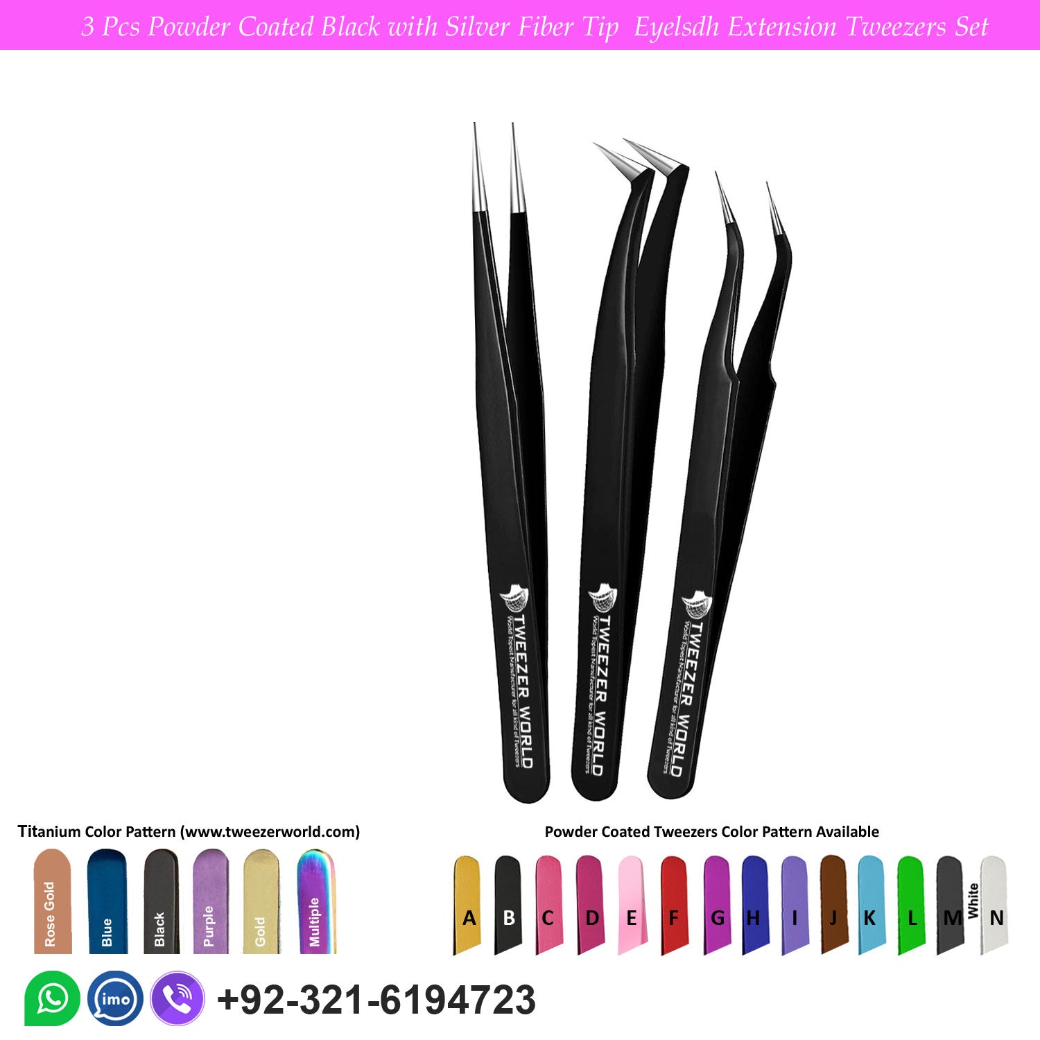 3 Pcs Powder Coated Black with Silver Fiber Tip Eyelash Extension Tweezers Set