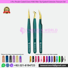 3 Pcs Powder Coated Green With Fiber Tip Eyelash Extension Tweezers Set