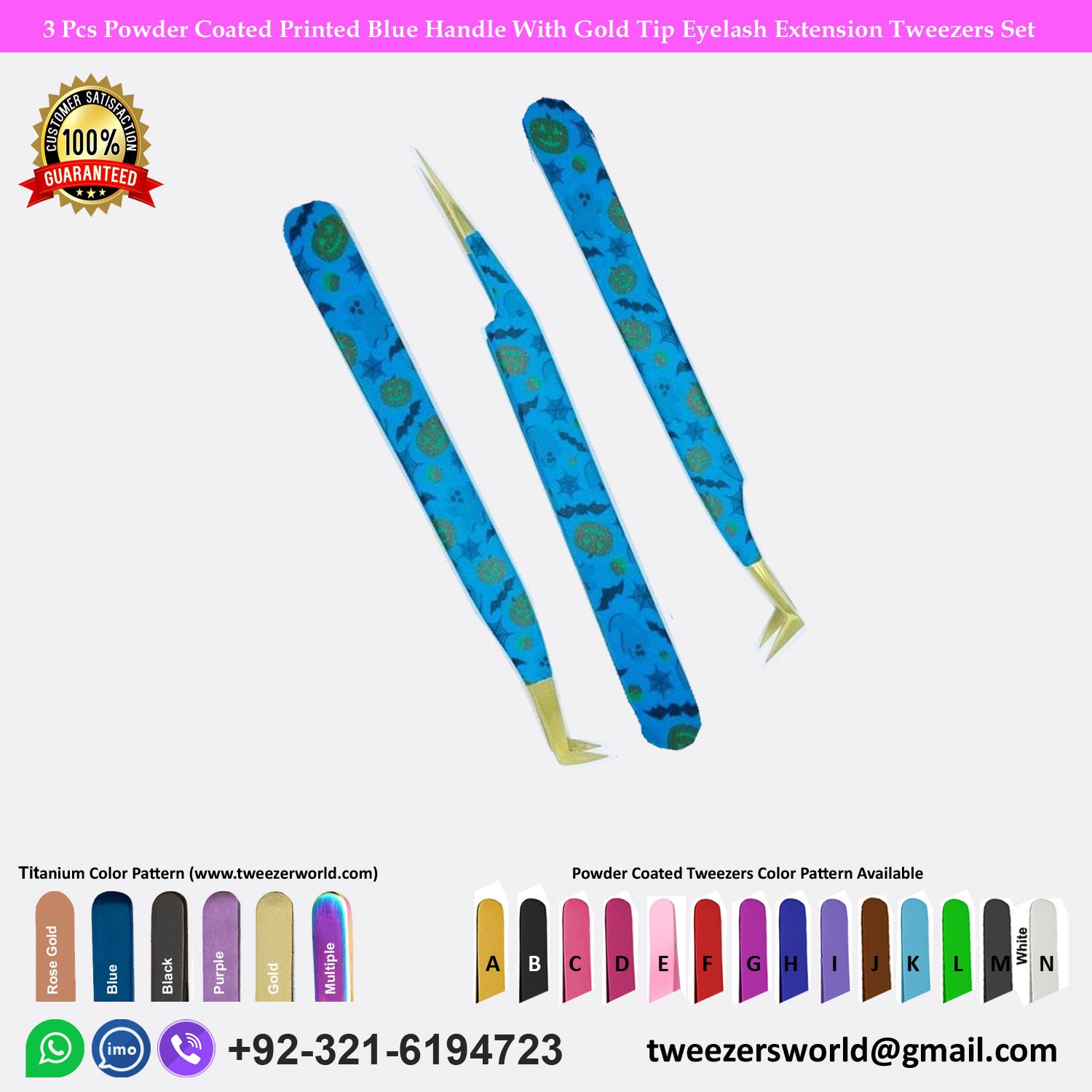 3 Pcs Powder Coated Printed Blue Handle With Gold Tip Eyelash Extension Tweezers Set