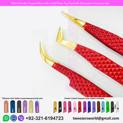 3 Pcs Powder Coated Red with Gold Fiber Tip Eyelash Extension Tweezers Set