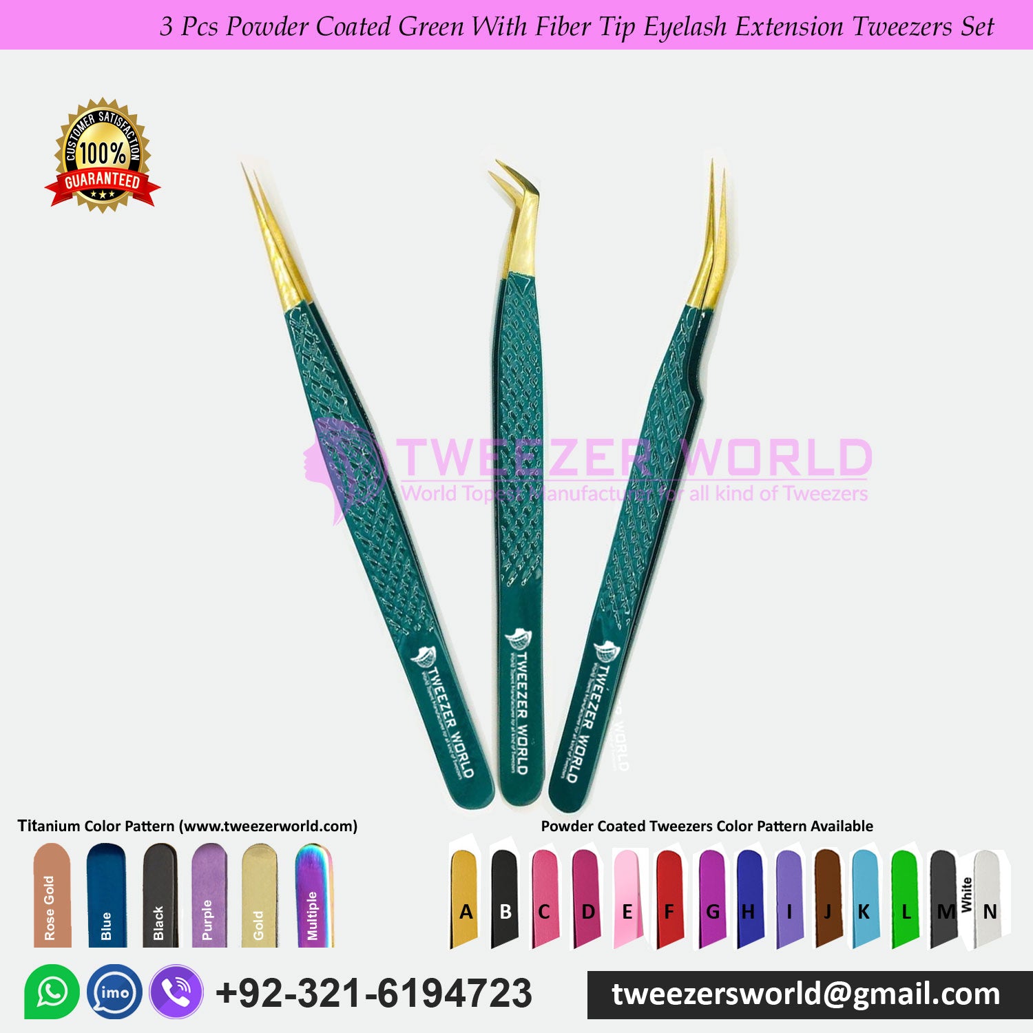 3 Pcs Powder Coated Green With Fiber Tip Eyelash Extension Tweezers Set