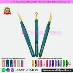 3 Pcs Powder Coated Green With Fiber Tip Eyelash Extension Tweezers Set