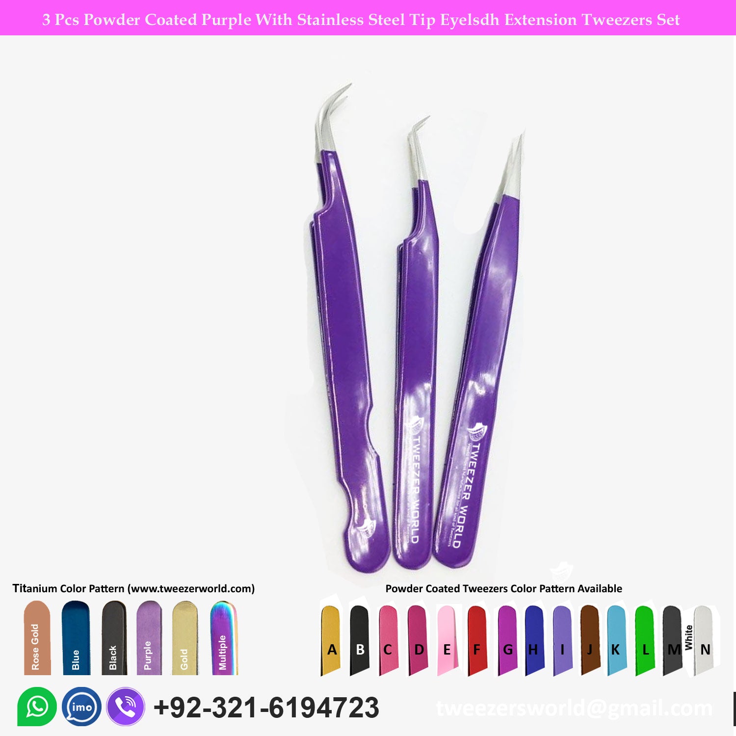 3 Pcs Powder Coated Purple With Stainless Steel Tip Eyelash Extension Tweezers Set