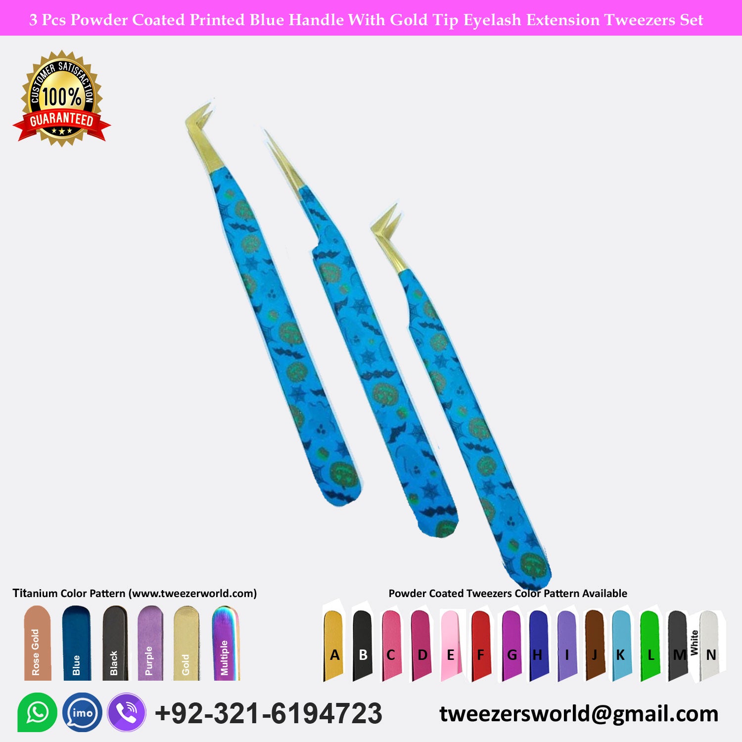 3 Pcs Powder Coated Printed Blue Handle With Gold Tip Eyelash Extension Tweezers Set