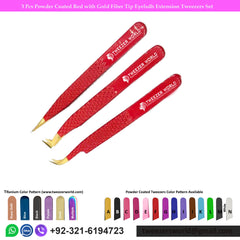 3 Pcs Powder Coated Red with Gold Fiber Tip Eyelash Extension Tweezers Set