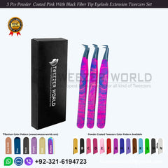 3 Pcs Powder  Coated Pink With Black Fiber Tip Eyelash Extension Tweezers Set