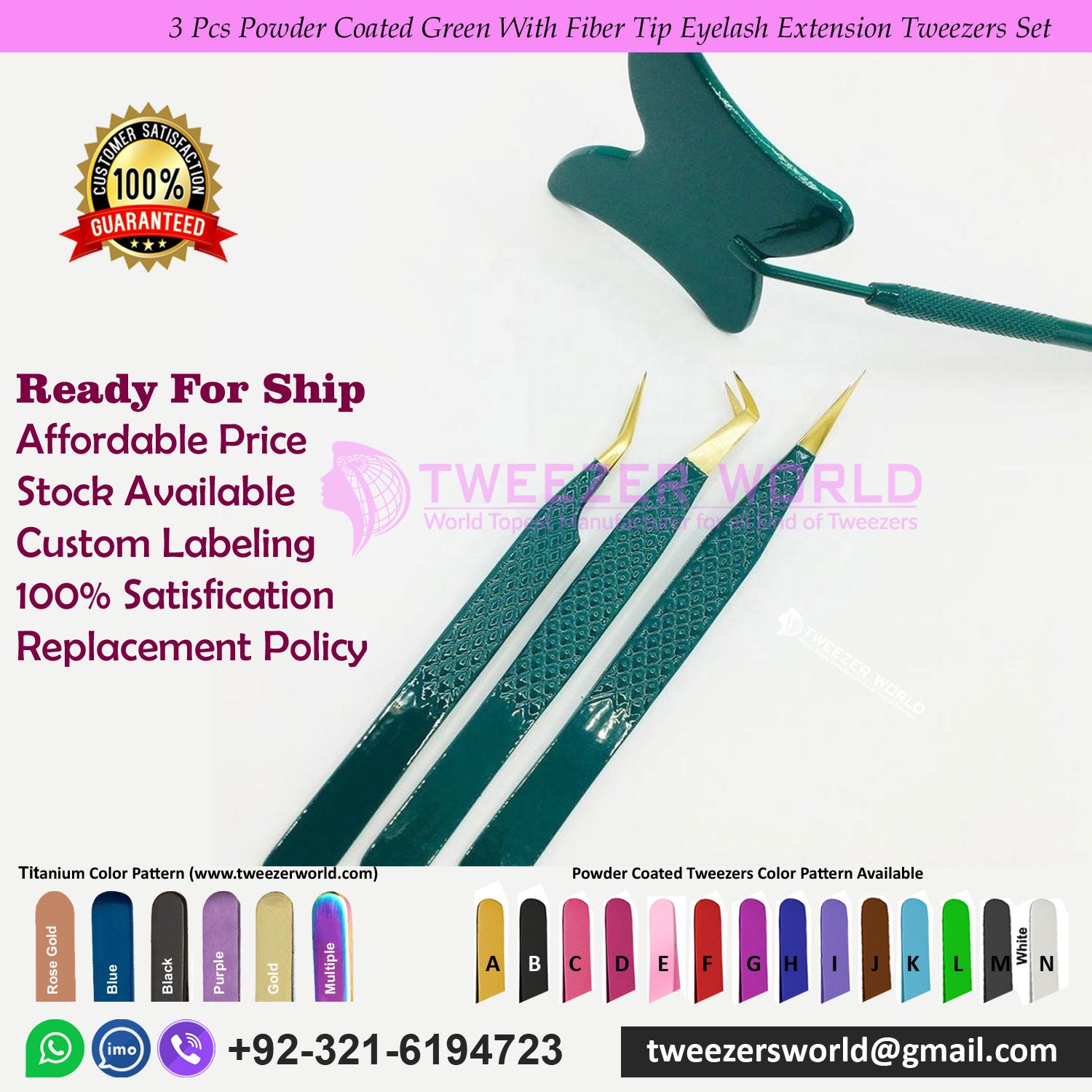 3 Pcs Powder Coated Green With Fiber Tip Eyelash Extension Tweezers Set