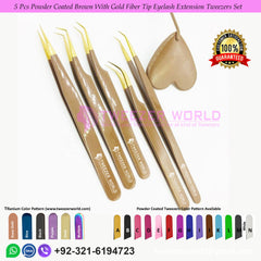 5 Pcs Powder Coated Brown With Gold Fiber Tip Eyelash Extension Tweezers Set For Professionals