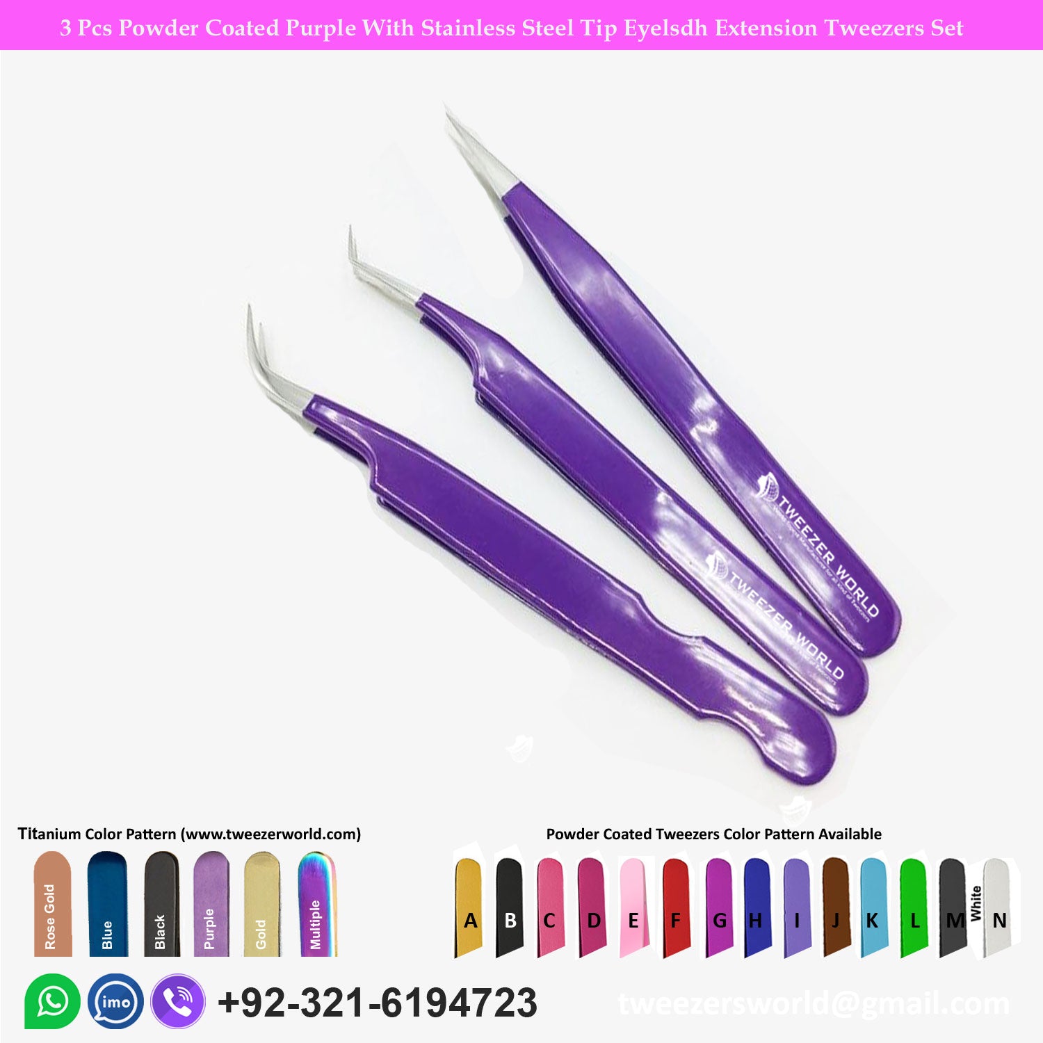 3 Pcs Powder Coated Purple With Stainless Steel Tip Eyelash Extension Tweezers Set