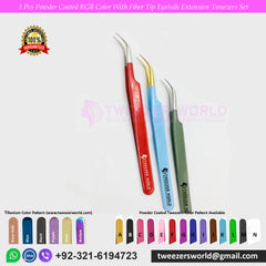 3 Pcs Powder Coated RGB Color With Fiber Tip Eyelash Extension Tweezers Set For professional Used