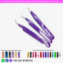 3 Pcs Powder Coated Purple With Stainless Steel Tip Eyelash Extension Tweezers Set