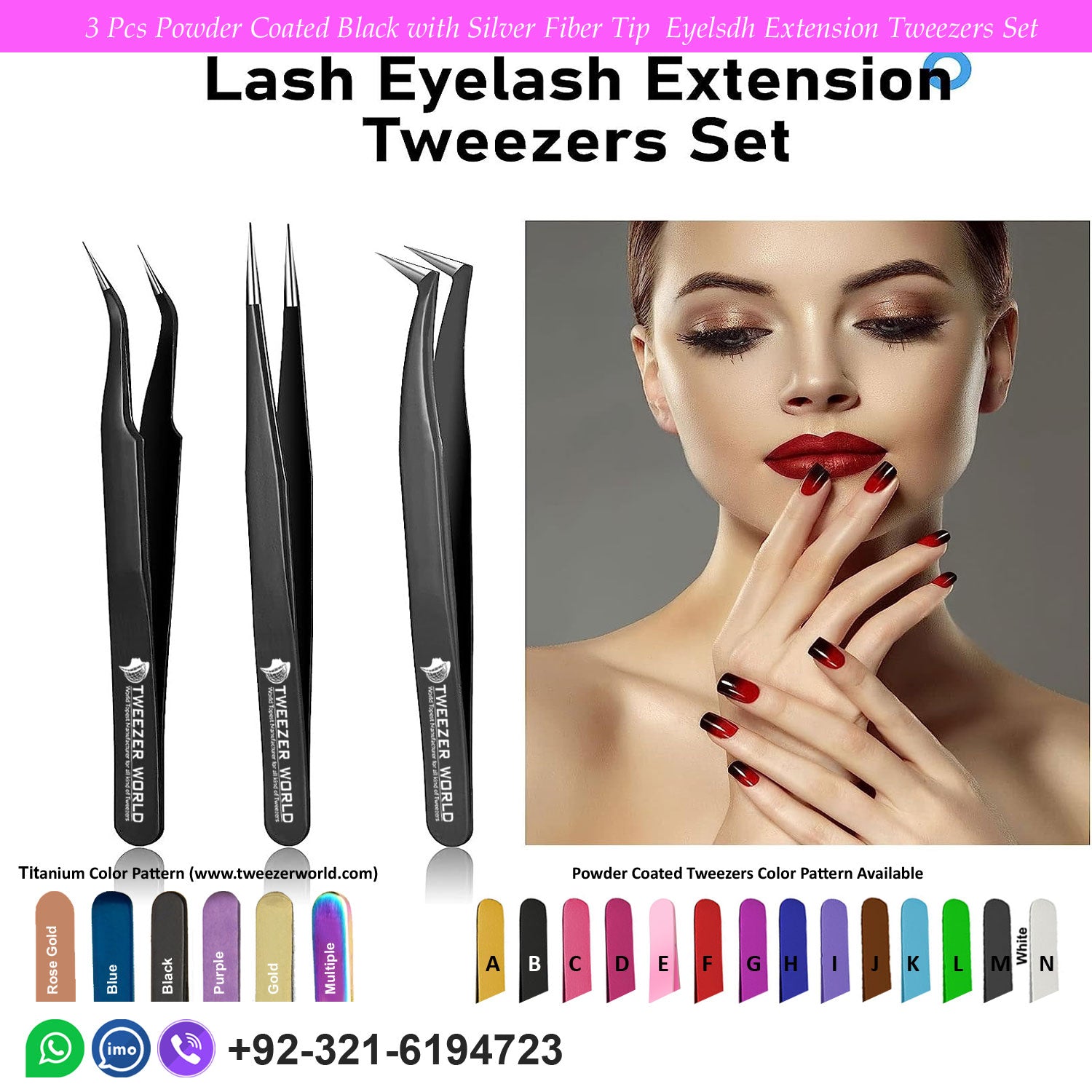 3 Pcs Powder Coated Black with Silver Fiber Tip Eyelash Extension Tweezers Set