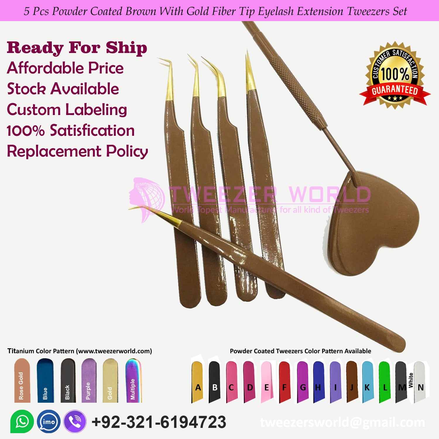 5 Pcs Powder Coated Brown With Gold Fiber Tip Eyelash Extension Tweezers Set For Professionals