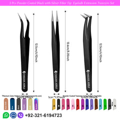 3 Pcs Powder Coated Black with Silver Fiber Tip Eyelash Extension Tweezers Set