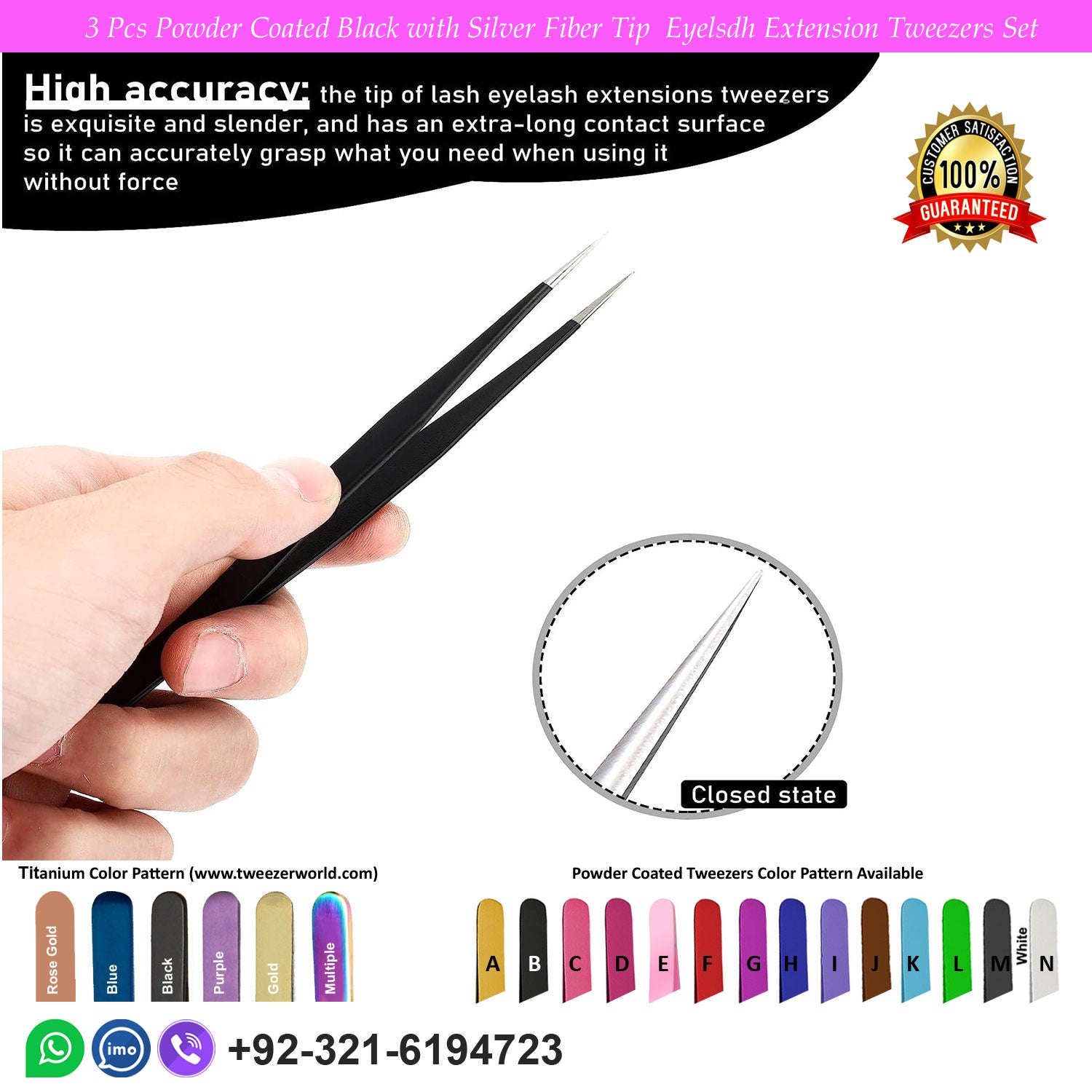 3 Pcs Powder Coated Black with Silver Fiber Tip Eyelash Extension Tweezers Set