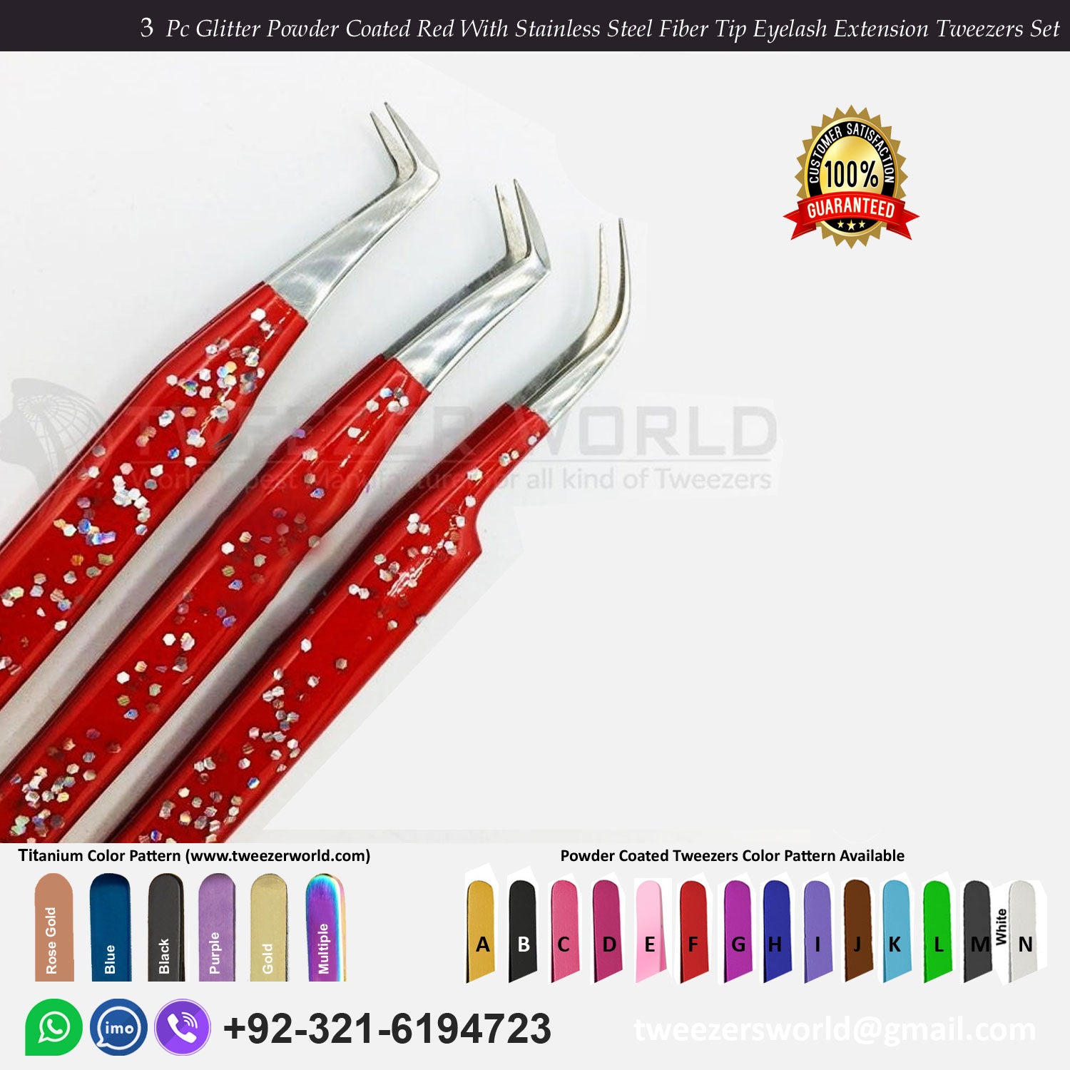 3 Pcs Glitter Powder Coated Red With Silver Fiber Tip Eyelash Extension Tweezers Set