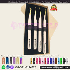 4 Powder Coated Nude Color with Stainless Steel Tip Eyelash Extension Tweezers Set