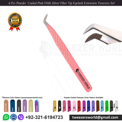 4 Pcs Powder  Coated Pink With Silver Fiber Tip Eyelash Extension Tweezers Set