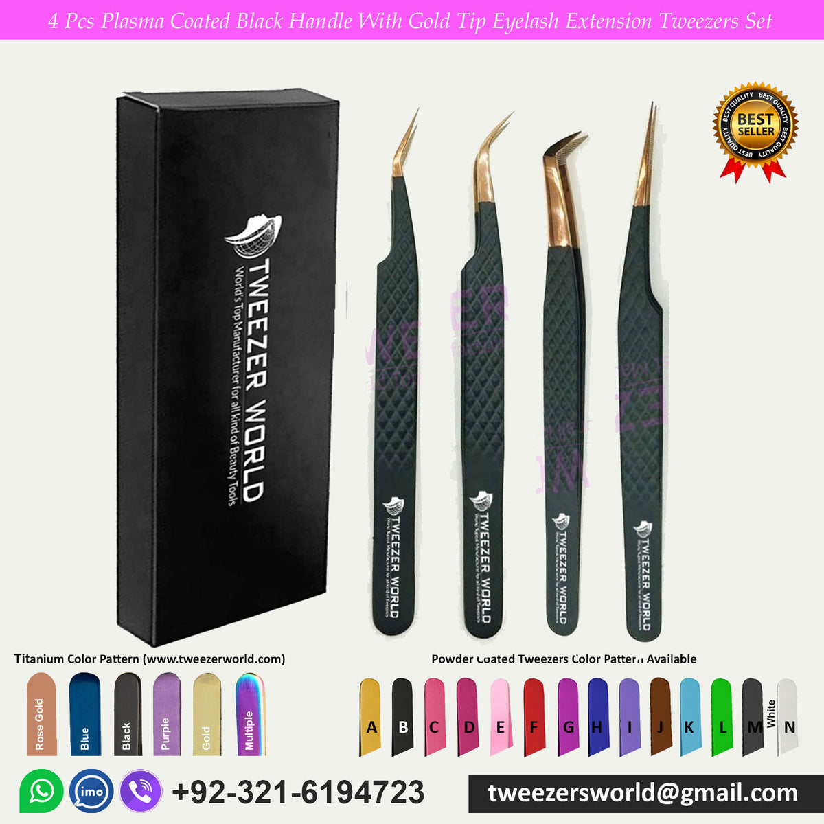 4 Pcs Powder Coated Black Handle With Gold Tip Eyelash Extension Tweezers Set