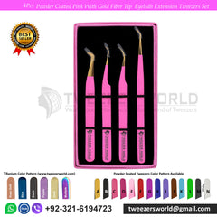 4 Pcs Powder Coated Pink With Gold Fiber Tip Eyelash Extension Tweezers Set